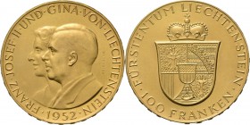 WORLD Coins
Liechtenstein - 100 Franken 1952, Gold, JOSEPH II 1938–1990 Franz Josef II and Princess Gina. Rev. crowned arms.Fr. 19; KM. 17.32.25 g. H...