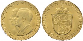 WORLD Coins
Liechtenstein - 50 Franken 1956, Gold, JOSEPH II 1938–1990 Franz Josef II and Princess Gina. Rev. crowned arms.Fr. 20; KM. 16. PCGS MS65...