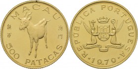WORLD Coins
Macao - 500 Patacas 1979, Gold Lunar Series. Year of the Goat. Rev. crowned coat of arms.Fr. B1; KM. 15.7.71 g Hairlines Proof