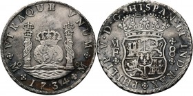 WORLD Coins
Mexico - 8 Reales 1734, Silver, FELIPE V 1700–1746 Mexico City mint. Crown over globes between the columns of Hercules, date below. Rev. ...