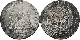 WORLD Coins
Mexico - 8 Reales 1735, Silver, FELIPE V 1700–1746 Mexico City mint. Crown over globes between the columns of Hercules, date below. Rev. ...