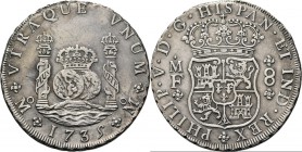 WORLD Coins
Mexico - 8 Reales 1735, Silver, FELIPE V 1700–1746 Mexico City mint. Crown over globes between the columns of Hercules, date below. Rev. ...