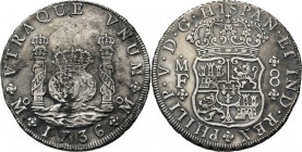 WORLD Coins
Mexico - 8 Reales 1736, Silver, FELIPE V 1700–1746 Mexico City mint. Crown over globes between the columns of Hercules, date below. Rev. ...