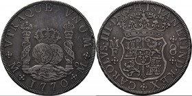 WORLD Coins
Mexico - 8 Reales 1770, Silver, CARLOS III 1759–1788 Mexico City mint. Crown over globes between the columns of Hercules, date below. Rev...