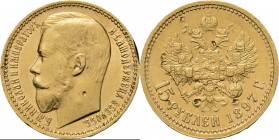 WORLD Coins
Russia - 15 Roubles 1897, Gold, NICHOLAS II 1894–1917 Head to left. Rev. crowned double-headed eagle over value and date.Fr. 177; KM. 65....