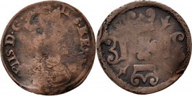 Provinical - GELDERLAND Hertogdom 1339 - 1581
Korte of 2 mijt z.j. (1558–1565), Copper, PHILIPS II 1555–1581 Of swarte penning. Gekroond hoofd naar r...