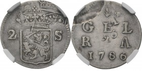 Provinical - GELDERLAND Provincie 1581 - 1795
Misslag Dubbele wapenstuiver 1786, Silver Mmt. ❀ korenaar ❀ / GEL / RIA / jaartal. Kz. generaliteitswap...