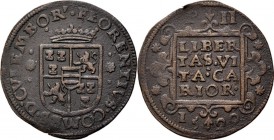 Provinical - GELDERLAND Heerlijkheden en steden
Duit of 2 penningen 1590, Copper, FLORIS van Palland, CULEMBORG Gekroond wapen tussen twee sterren. I...