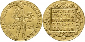 Provinical - HOLLAND Provincie 1581 - 1795
Dukaat 1752 over 1751, Gold Type IIb. Staande ridder met zwaard en 7 pijlen in bundel, zonder binnencirkel...