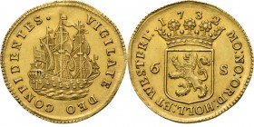 Provinical - HOLLAND Provincie 1581 - 1795
Scheepjesschelling 1732, Gold In goud geslagen op het gewicht van 2 dukaten. Type II, groot model. Driemas...