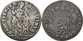 Provinical - WEST-FRIESLAND Het Gewest 1581 - 1795
3 Gulden 1763, Silver Type III. Staande Nederlandse maagd, jaartal in de afsnede. Kz. generaliteit...