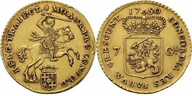 Provinical - UTRECHT Provincie 1581 - 1795
½ Gouden rijder 1750, Gold Type II. Ruiter naar rechts boven provinciewapentje. Kz. generaliteitswapen tus...
