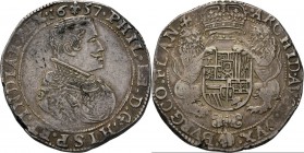 Southern Netherlands
VLAANDEREN - Dukaton 1657, Silver, FILIPS IV 1621–1665 2e type. Borstbeeld met kleine kraag naar rechts, daarboven lelie tussen ...