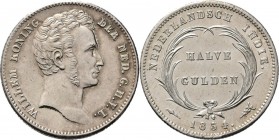 Dutch Oversea Regions
NEDERLANDS-INDISCH GOUVERNEMENT 1816–1949 - ½ Gulden 1834 over 1827, Silver, WILLEM I 1816–1840 Mmt. fakkel. Hoofd naar rechts....