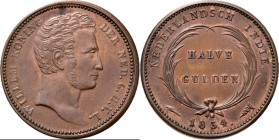 Dutch Oversea Regions
NEDERLANDS-INDISCH GOUVERNEMENT 1816–1949 - Proefslag ½ Gulden in brons 1834, Silver, WILLEM I 1816–1840 Mmt. fakkel. Hoofd naa...