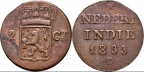Dutch Oversea Regions
NEDERLANDS-INDISCH GOUVERNEMENT 1816–1949 - 2 Cent of dubbele duit 1833, Copper, WILLEM I 1816–1840 Mmt. D. Generaliteitswapen ...