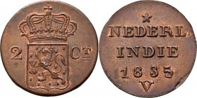 Dutch Oversea Regions
NEDERLANDS-INDISCH GOUVERNEMENT 1816–1949 - 2 Cent of dubbele duit 1835 over 1833, Copper, WILLEM I 1816–1840 Mmt. V. Generalit...