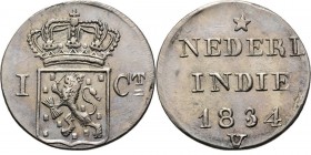 Dutch Oversea Regions
NEDERLANDS-INDISCH GOUVERNEMENT 1816–1949 - Proefslag 1 Cent in zilver 1834, Copper, WILLEM I 1816–1840 Mmt. V. Generaliteitswa...