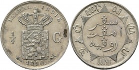 Dutch Oversea Regions
NEDERLANDS-INDISCH GOUVERNEMENT 1816–1949 - ¼ Gulden 1890, Silver, WILHELMINA 1890–1948 TYPE Ia mmt. hellebaard. Gekroond rijks...
