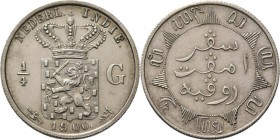 Dutch Oversea Regions
NEDERLANDS-INDISCH GOUVERNEMENT 1816–1949 - ¼ Gulden 1900, Silver, WILHELMINA 1890–1948 TYPE Ib Grotere letters en mmt. helleba...