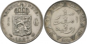 Dutch Oversea Regions
NEDERLANDS-INDISCH GOUVERNEMENT 1816–1949 - ¼ Gulden 1903, Silver, WILHELMINA 1890–1948 TYPE Ic Smallere kroon en breder wapen,...