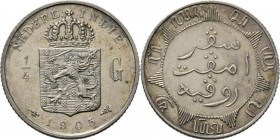 Dutch Oversea Regions
NEDERLANDS-INDISCH GOUVERNEMENT 1816–1949 - ¼ Gulden 1905, Silver, WILHELMINA 1890–1948 TYPE Id Smallere kroon en breder wapen,...