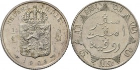 Dutch Oversea Regions
NEDERLANDS-INDISCH GOUVERNEMENT 1816–1949 - ¼ Gulden 1906, Silver, WILHELMINA 1890–1948 TYPE Id Smallere kroon en breder wapen,...