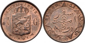 Dutch Oversea Regions
NEDERLANDS-INDISCH GOUVERNEMENT 1816–1949 - Proefslag ¼ Gulden in brons 1907, Silver, WILHELMINA 1890–1948 TYPE Id Smallere kro...