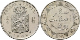 Dutch Oversea Regions
NEDERLANDS-INDISCH GOUVERNEMENT 1816–1949 - ¼ Gulden 1908, Silver, WILHELMINA 1890–1948 TYPE Id Smallere kroon en breder wapen,...