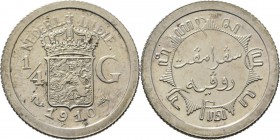 Dutch Oversea Regions
NEDERLANDS-INDISCH GOUVERNEMENT 1816–1949 - ¼ Gulden 1910, Silver, WILHELMINA 1890–1948 TYPE II mmt. zeepaard. Gekroond rijkswa...