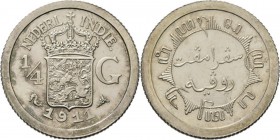 Dutch Oversea Regions
NEDERLANDS-INDISCH GOUVERNEMENT 1816–1949 - ¼ Gulden 1911, Silver, WILHELMINA 1890–1948 TYPE II mmt. zeepaard. Gekroond rijkswa...
