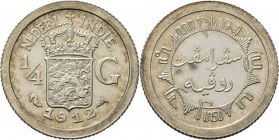 Dutch Oversea Regions
NEDERLANDS-INDISCH GOUVERNEMENT 1816–1949 - ¼ Gulden 1912, Silver, WILHELMINA 1890–1948 TYPE II mmt. zeepaard. Gekroond rijkswa...