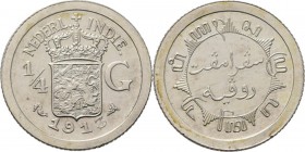 Dutch Oversea Regions
NEDERLANDS-INDISCH GOUVERNEMENT 1816–1949 - ¼ Gulden 1913, Silver, WILHELMINA 1890–1948 TYPE II mmt. zeepaard. Gekroond rijkswa...