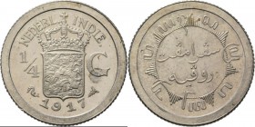 Dutch Oversea Regions
NEDERLANDS-INDISCH GOUVERNEMENT 1816–1949 - ¼ Gulden 1917, Silver, WILHELMINA 1890–1948 TYPE II mmt. zeepaard. Gekroond rijkswa...