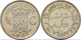 Dutch Oversea Regions
NEDERLANDS-INDISCH GOUVERNEMENT 1816–1949 - ¼ Gulden 1937, Silver, WILHELMINA 1890–1948 TYPE III mmt. druiventros. Gekroond rij...