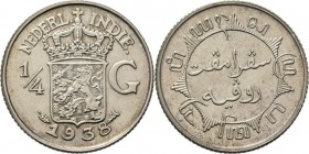 Dutch Oversea Regions
NEDERLANDS-INDISCH GOUVERNEMENT 1816–1949 - ¼ Gulden 1938, Silver, WILHELMINA 1890–1948 TYPE III mmt. druiventros. Gekroond rij...