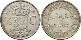 Dutch Oversea Regions
NEDERLANDS-INDISCH GOUVERNEMENT 1816–1949 - ¼ Gulden 1939, Silver, WILHELMINA 1890–1948 TYPE III mmt. druiventros. Gekroond rij...