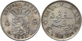 Dutch Oversea Regions
NEDERLANDS-INDISCH GOUVERNEMENT 1816–1949 - 1⁄10 Gulden 1891, Silver, WILHELMINA 1890–1948 TYPE Ia mmt. hellebaard. Gekroond ri...