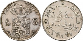 Dutch Oversea Regions
NEDERLANDS-INDISCH GOUVERNEMENT 1816–1949 - 1⁄10 Gulden 1898 overslag, Silver, WILHELMINA 1890–1948 TYPE Ia mmt. hellebaard. Ge...