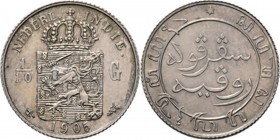 Dutch Oversea Regions
NEDERLANDS-INDISCH GOUVERNEMENT 1816–1949 - 1⁄10 Gulden 1905, Silver, WILHELMINA 1890–1948 TYPE Ib Smallere kroon en breder wap...