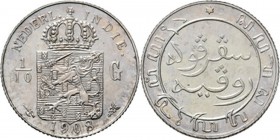 Dutch Oversea Regions
NEDERLANDS-INDISCH GOUVERNEMENT 1816–1949 - 1⁄10 Gulden 1908, Silver, WILHELMINA 1890–1948 TYPE Ib Smallere kroon en breder wap...