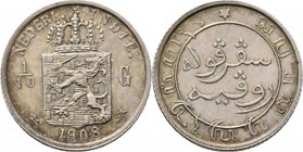 Dutch Oversea Regions
NEDERLANDS-INDISCH GOUVERNEMENT 1816–1949 - 1⁄10 Gulden 1908, Silver, WILHELMINA 1890–1948 TYPE Ib Smallere kroon en breder wap...