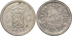Dutch Oversea Regions
NEDERLANDS-INDISCH GOUVERNEMENT 1816–1949 - 1⁄10 Gulden 1918, Silver, WILHELMINA 1890–1948 TYPE II mmt. zeepaard. Gekroond rijk...
