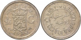 Dutch Oversea Regions
NEDERLANDS-INDISCH GOUVERNEMENT 1816–1949 - 1⁄10 Gulden 1920, Silver, WILHELMINA 1890–1948 TYPE II mmt. zeepaard. Gekroond rijk...