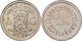 Dutch Oversea Regions
NEDERLANDS-INDISCH GOUVERNEMENT 1816–1949 - 1⁄10 Gulden 1928, Silver, WILHELMINA 1890–1948 TYPE II mmt. zeepaard. Gekroond rijk...