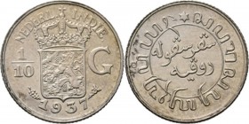 Dutch Oversea Regions
NEDERLANDS-INDISCH GOUVERNEMENT 1816–1949 - 1⁄10 Gulden 1937, Silver, WILHELMINA 1890–1948 TYPE III mmt. druiventros. Gekroond ...