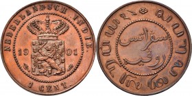 Dutch Oversea Regions
NEDERLANDS-INDISCH GOUVERNEMENT 1816–1949 - 1 Cent 1901, Copper, WILHELMINA 1890–1948 TYPE Ia mmt. hellebaard. Gekroond rijkswa...
