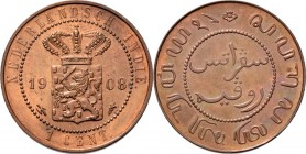 Dutch Oversea Regions
NEDERLANDS-INDISCH GOUVERNEMENT 1816–1949 - 1 Cent 1908, Copper, WILHELMINA 1890–1948 TYPE Ib mmt. grotere hellebaard en letter...