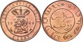 Dutch Oversea Regions
NEDERLANDS-INDISCH GOUVERNEMENT 1816–1949 - 1 Cent 1909, Copper, WILHELMINA 1890–1948 TYPE Ic mmt. hellebaard met ster. Gekroon...
