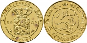 Dutch Oversea Regions
NEDERLANDS-INDISCH GOUVERNEMENT 1816–1949 - Proefslag ½ Cent in goud 1902, Copper, WILHELMINA 1890–1948 TYPE I mmt. hellebaard....
